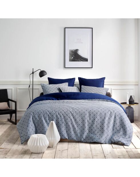 Parure housse de couette satin de coton Eloise réversible bleue