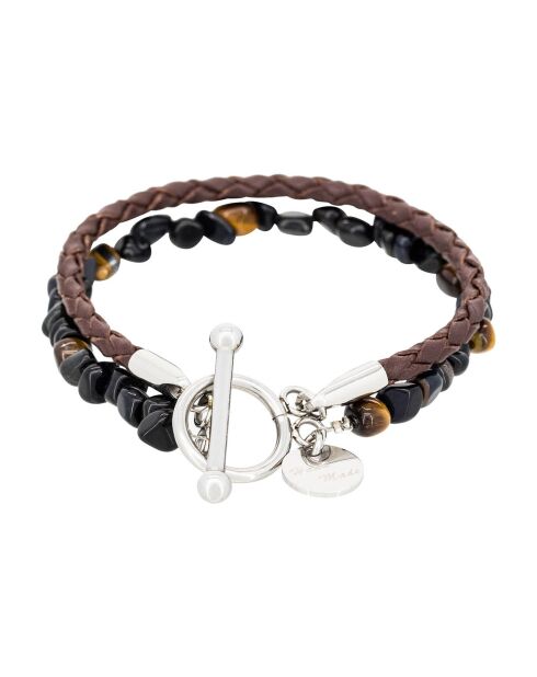 Brazalete doble con forma de ojo de tigre azul en acero, cuero y ojo de tigre marrón
