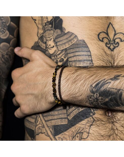 Brazalete doble con forma de ojo de tigre azul en acero, cuero y ojo de tigre marrón