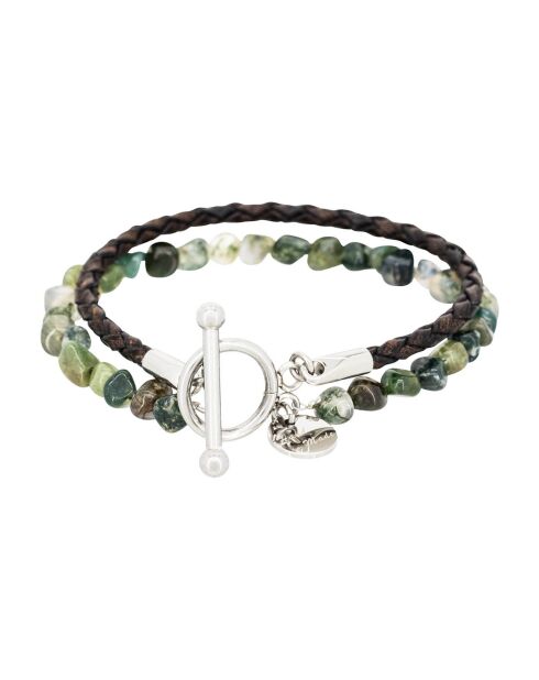 Brazalete doble Brown Blend en acero, cuero y ágata verde