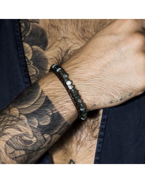 Brazalete doble Brown Blend en acero, cuero y ágata verde