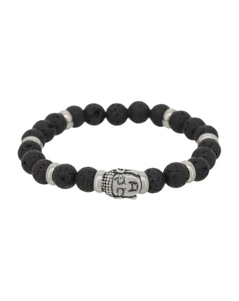 Stalen Boeddha-armband met zwarte lavastenen