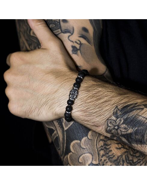 Stalen Boeddha-armband met zwarte lavastenen