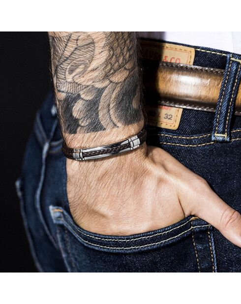 Pulsera Zuri de acero y cuero marrón oscuro