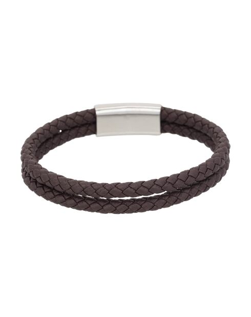 Pulsera de acero y cuero marrón con doble gancho