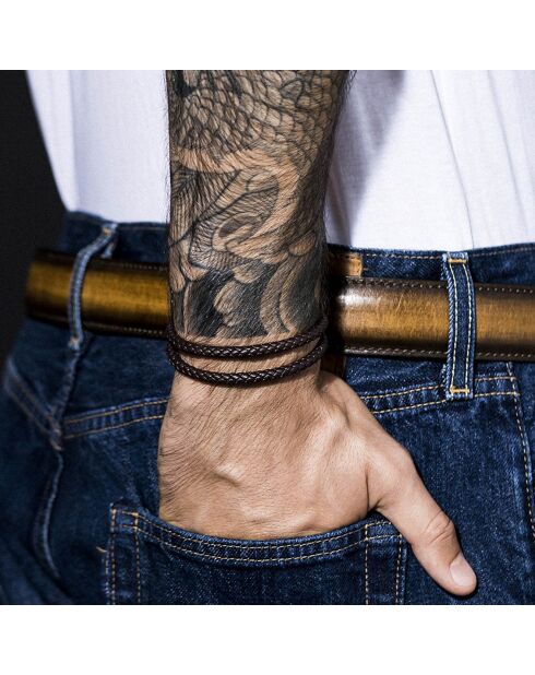 Pulsera de acero y cuero marrón con doble gancho