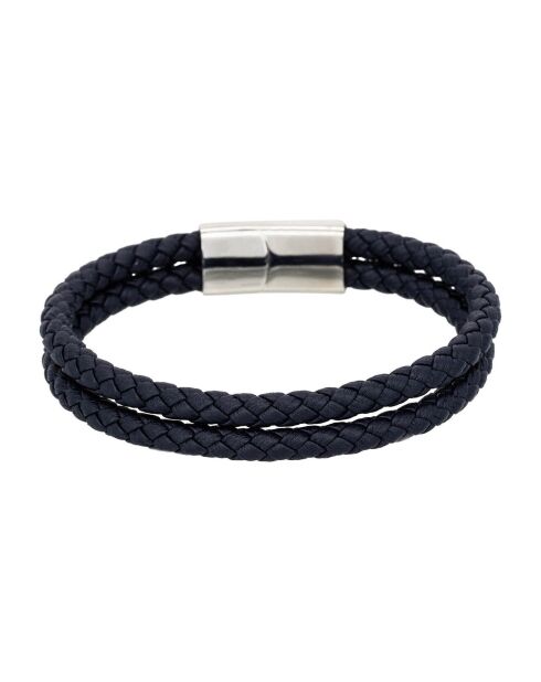 Doppelhakenarmband aus Stahl und schwarzem Leder