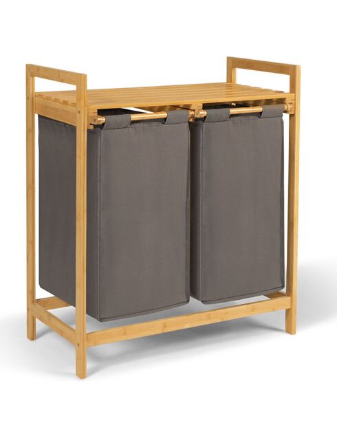 Bac à linge double en bambou Maya gris/bois - 64x33x73 cm