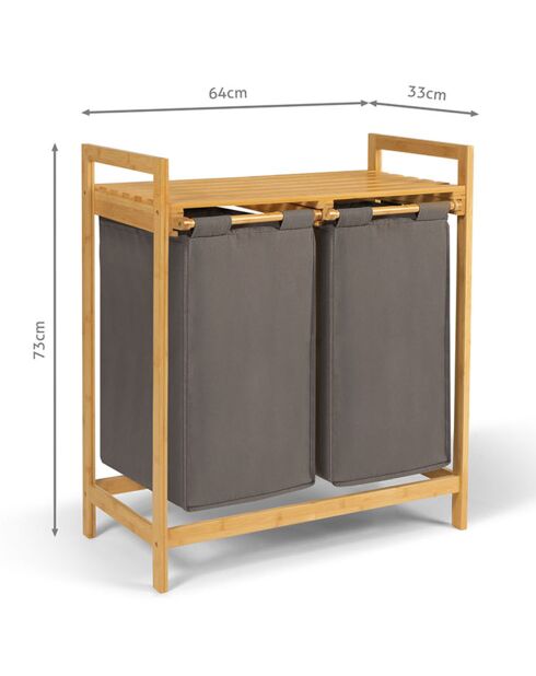 Bac à linge double en bambou Maya gris/bois - 64x33x73 cm
