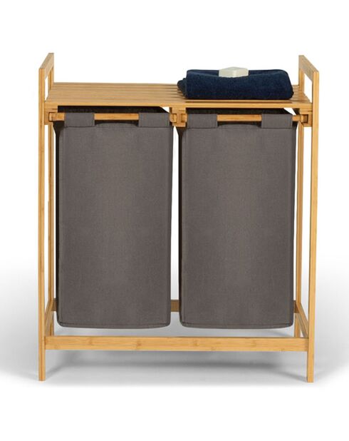 Bac à linge double en bambou Maya gris/bois - 64x33x73 cm