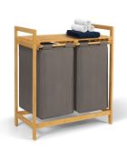 Bac à linge double en bambou Maya gris/bois - 64x33x73 cm