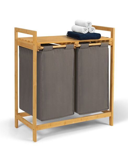 Bac à linge double en bambou Maya gris/bois - 64x33x73 cm