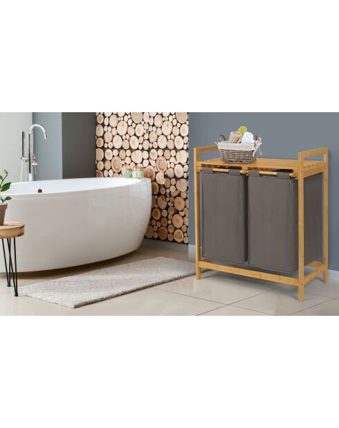 Bac à linge double en bambou Maya gris/bois - 64x33x73 cm