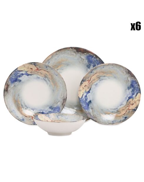 Set de vajilla de porcelana blanca/azul/dorada - 24 piezas