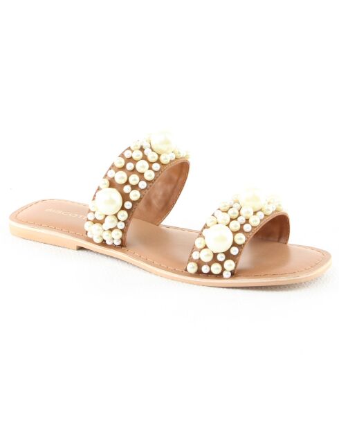 Pantoletten Carlane aus kamelfarbenem Leder und Perlen