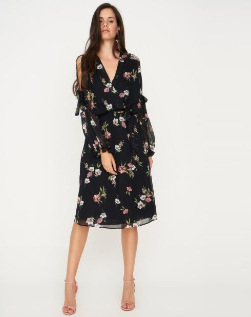 Robe fleurie à manches fendues noire