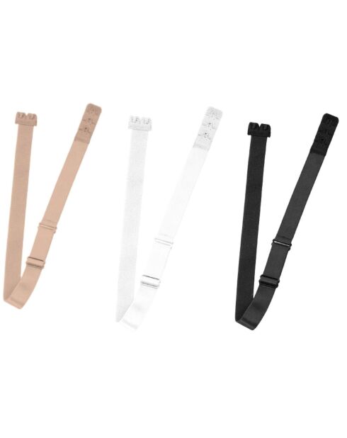 3 correas bajas para extender las correas de los hombros y 2 ganchos en color beige/negro/blanco