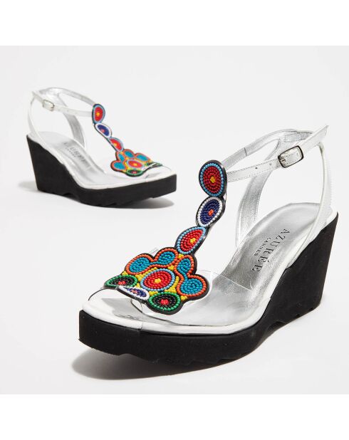 Weiße/mehrfarbige Nebulo-Ledersandalen mit Keilabsatz - 7 cm Absatz