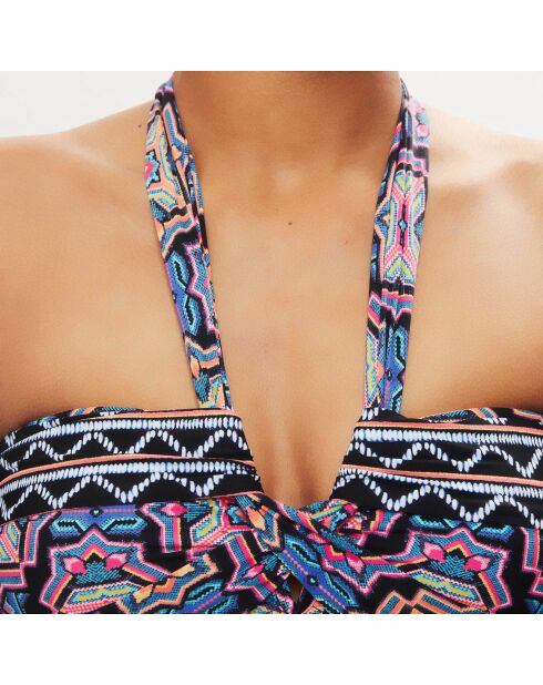 Zwart/veelkleurig bedrukte bandeau-bikinitop