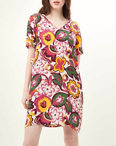 Bahnkleid mit Blumendruck weiß/grün/rosa/gold