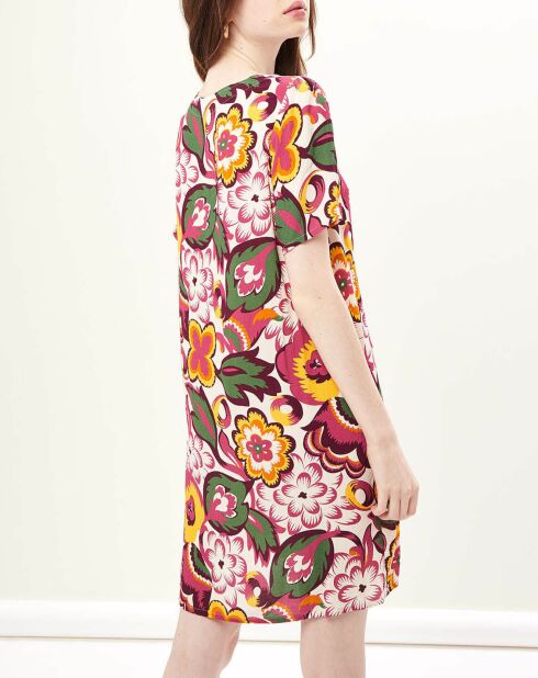 Bahnkleid mit Blumendruck weiß/grün/rosa/gold