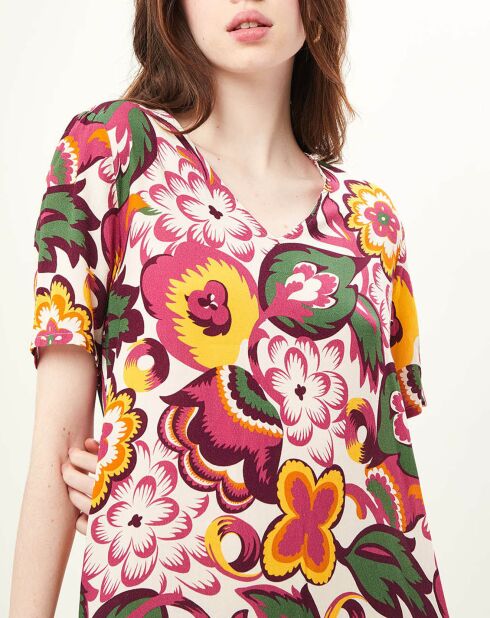 Bahnkleid mit Blumendruck weiß/grün/rosa/gold