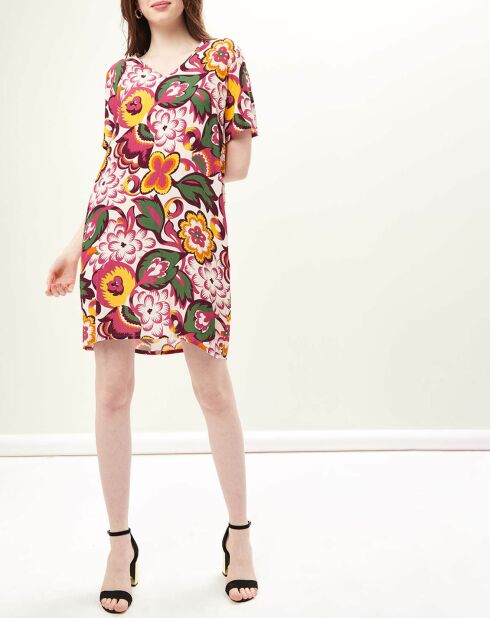 Bahnkleid mit Blumendruck weiß/grün/rosa/gold