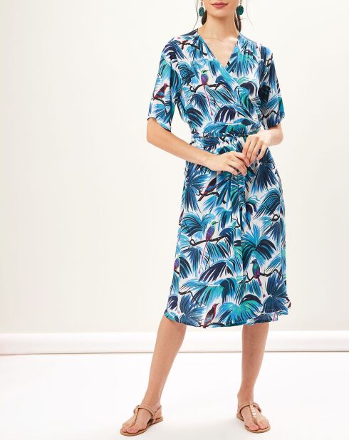 Robe portefeuille Reva imprimée tropical bleu/blanc