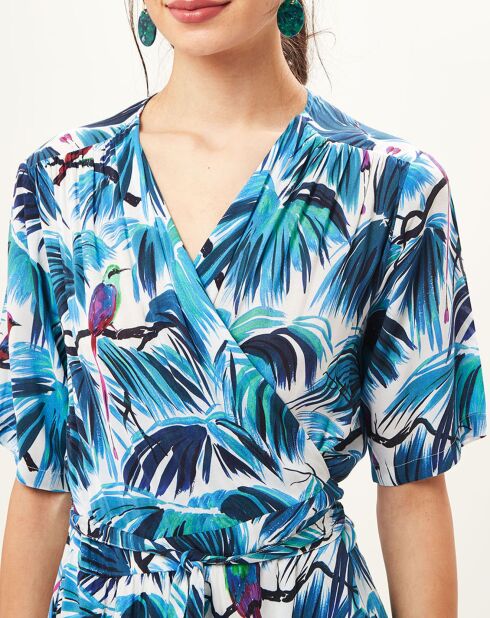 Robe portefeuille Reva imprimée tropical bleu/blanc