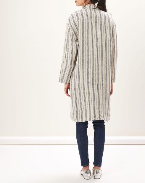 Blauw/witte lange jas van 100% linnen Valino
