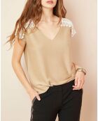 Top à broderie fleurie beige