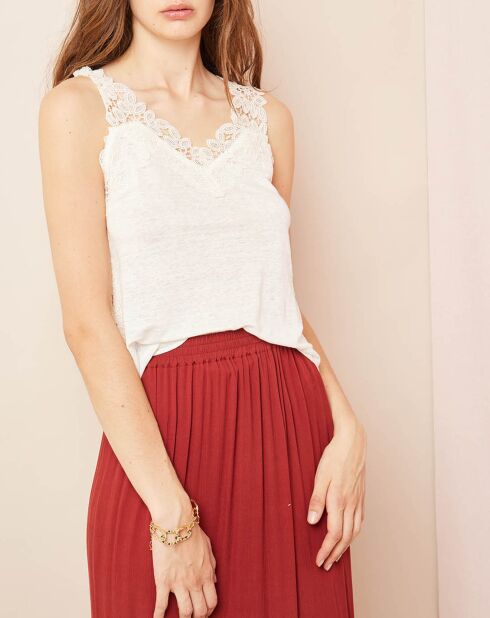 Cremefarbenes besticktes Top aus 100% Leinen