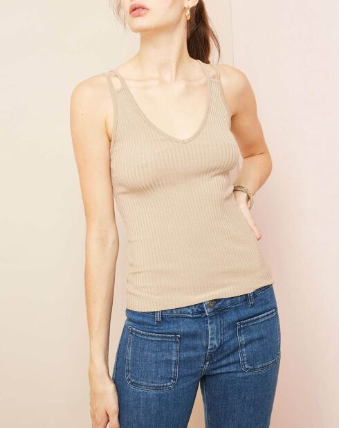 Top côtelé beige