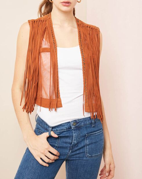 Veste en Cuir à franges sienne