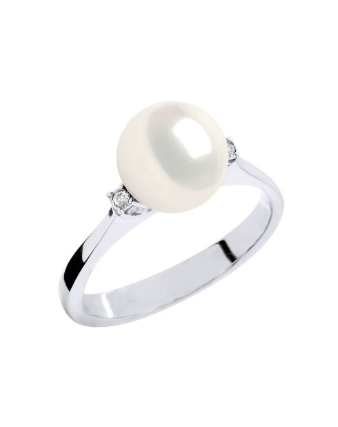 Witgouden sieradenring, 0.04 ct diamanten en natuurlijke witte ronde zoetwaterparel
