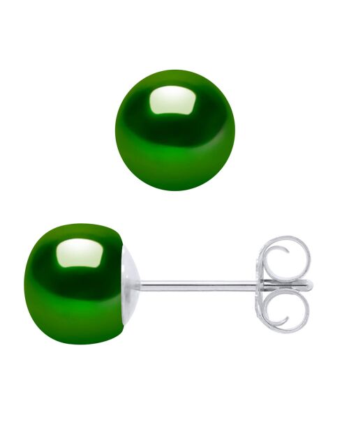 Pareloorbellen in zilver en zoetwater met malachietgroene knopen Ø 6-7 mm