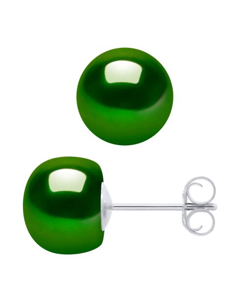 Pareloorbellen in zilver en zoetwater met malachietgroene knopen Ø 8-9 mm