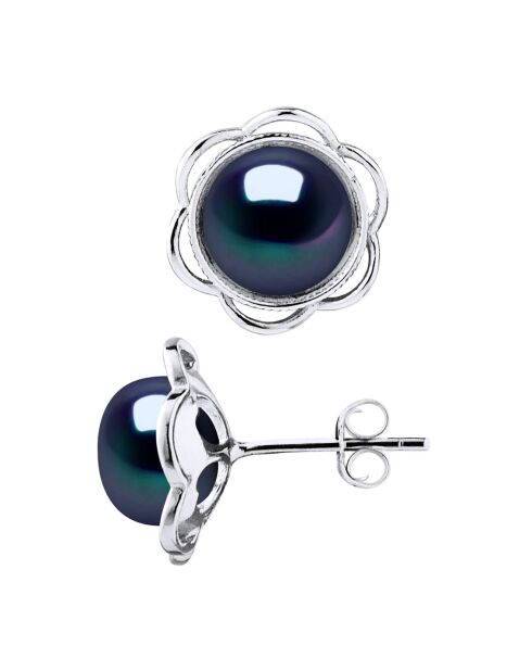 Silberne Blumenohrringe mit Süßwasserperlen mit schwarzen Tahiti-Knöpfen