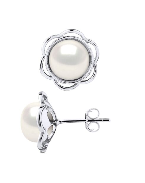Silberne Blumen- und Süßwasserperlenohrringe mit naturweißen Knöpfen