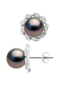 Silberne Blumenohrringe, Zirkonia und runde Tahitiperlen