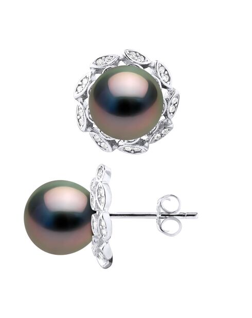 Silberne Blumenohrringe, Zirkonia und runde Tahitiperlen