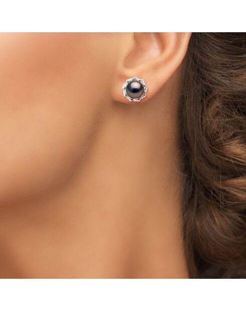 Silberne Blumenohrringe, Zirkonia und runde Tahitiperlen