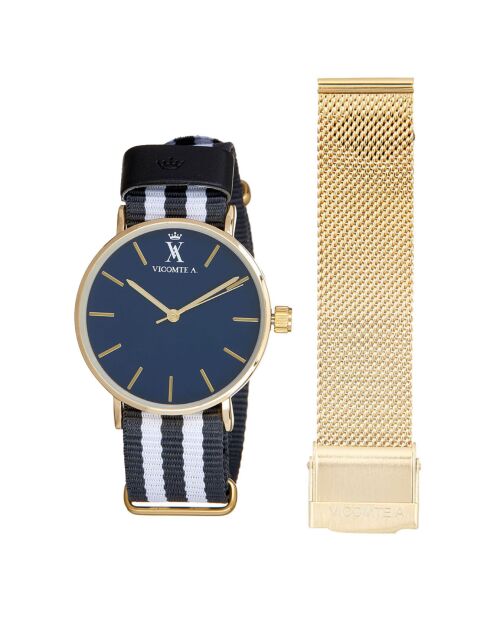 Montre Mixte en Nylon gris/gris clair + bracelet en Acier doré
