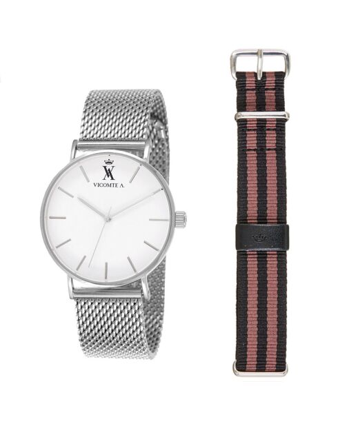Montre Mixte en Métal argentée + bracelet en Nylon noir/marron