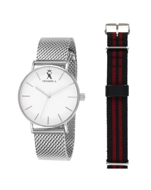 Montre Mixte en Acier argentée + bracelet en Nylon noir/rouge