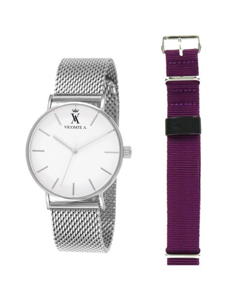 Montre Mixte en Acier argentée + bracelet en Nylon violet