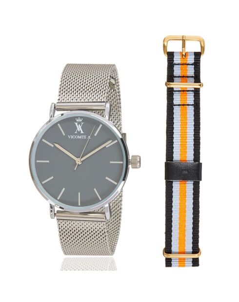 Montre Mixte en Métal argentée + bracelet en Nylon noir/gris/orange