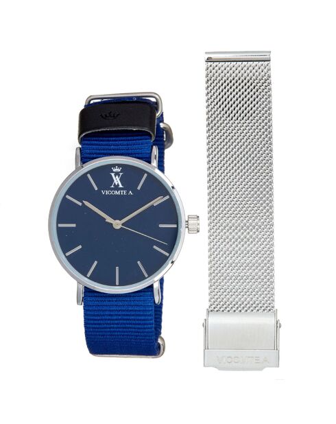 Montre Mixte en Nylon bleue + bracelet en Acier argenté