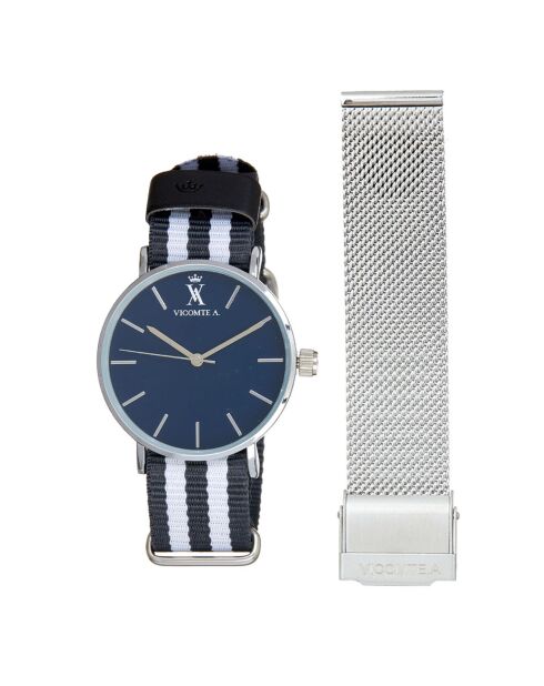 Montre Mixte en Nylon gris/gris clair + bracelet en Acier argenté