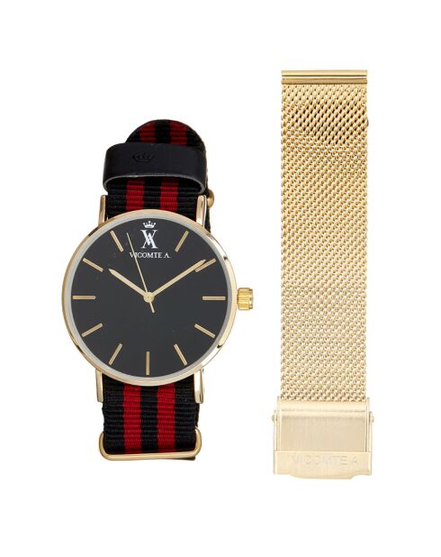 Montre Mixte en Nylon noir/bordeaux + bracelet en Acier doré